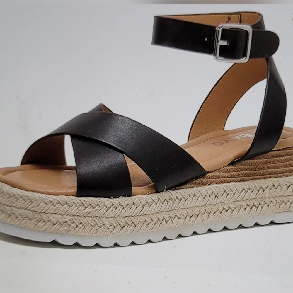 NIB ESPADRILLE MACRAME OPEN TOE ANKLE STRAP PLATFORM SANDALS BLACK